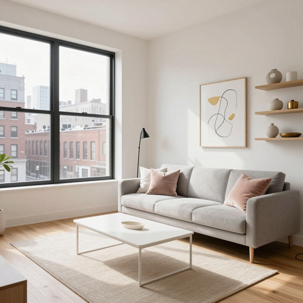 Bright modern living room with gray sofa, white coffee table, wall art, and large city-view window