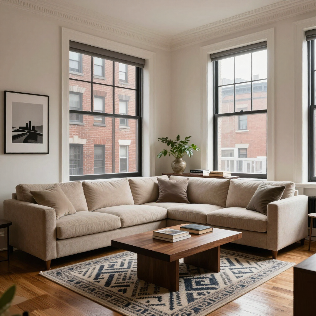 Bright living room with a beige sectional, wooden coffee table, patterned rug, and large windows.