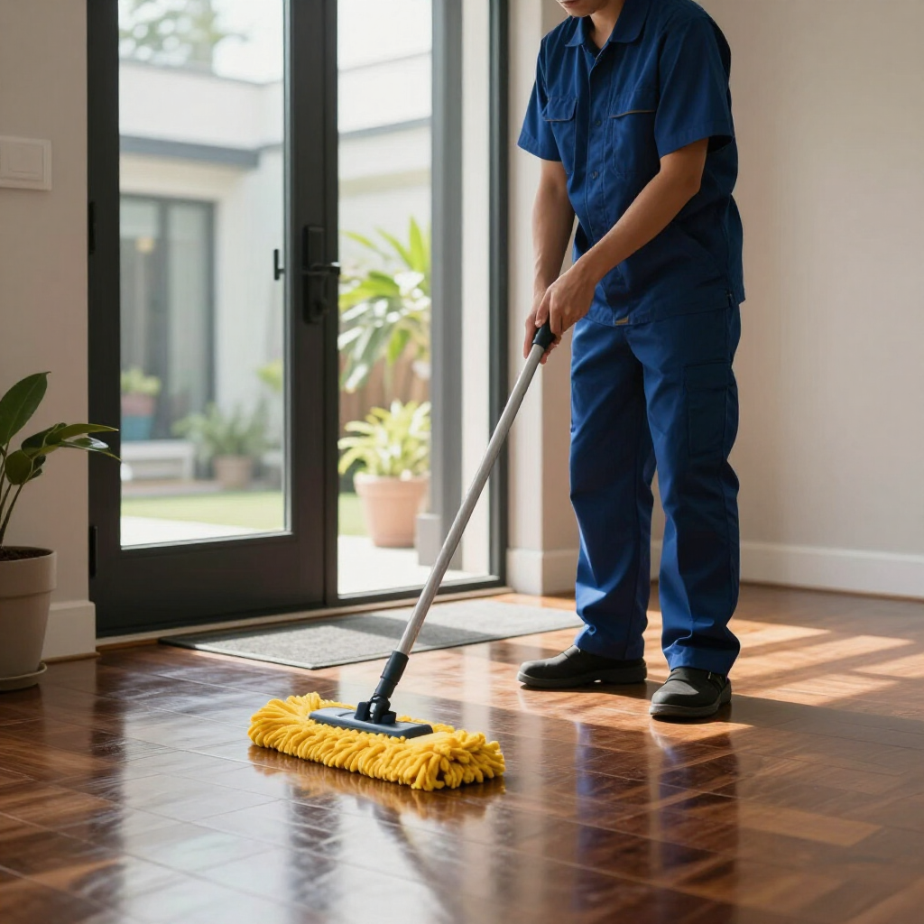 Janitor mopping a sunlit hardwood floor near glass doors and potted plants