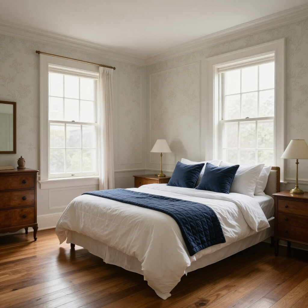 Bright bedroom with a neatly made bed, navy accents, wooden floor, and two windows with daylight
