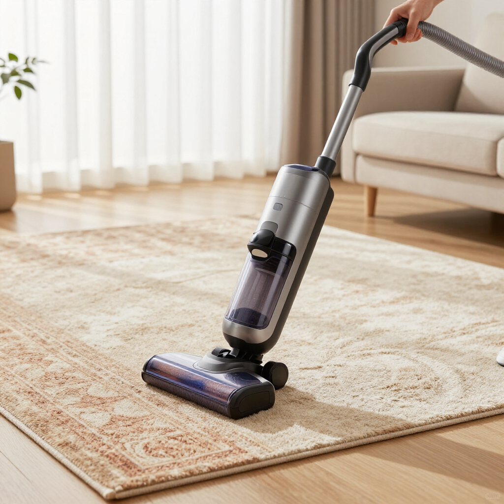 Cordless stick vacuum cleaning a beige rug in a sunlit living room
