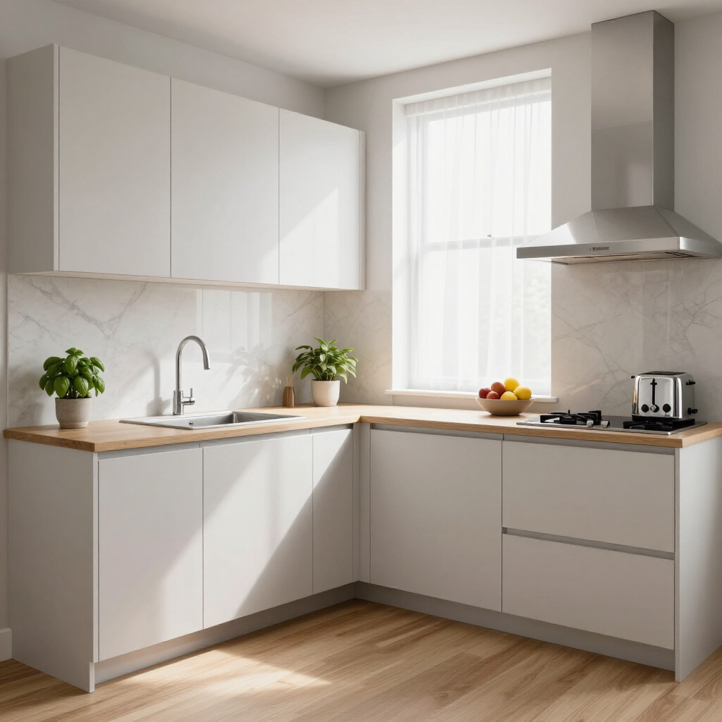 Bright modern white kitchen with wood countertops, sink, window, plants, and stainless steel range hood