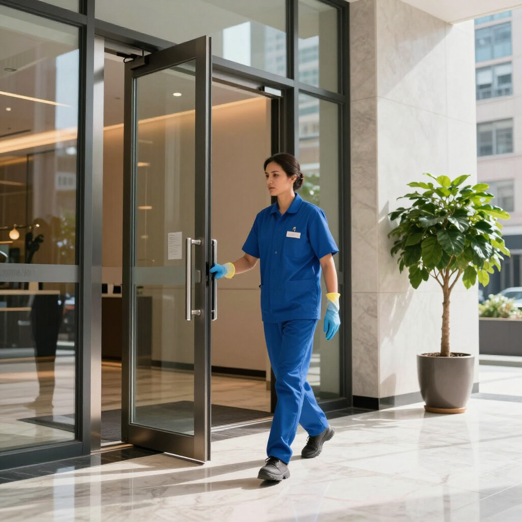 Cleaner in blue uniform opening a glass door in a bright office lobby
