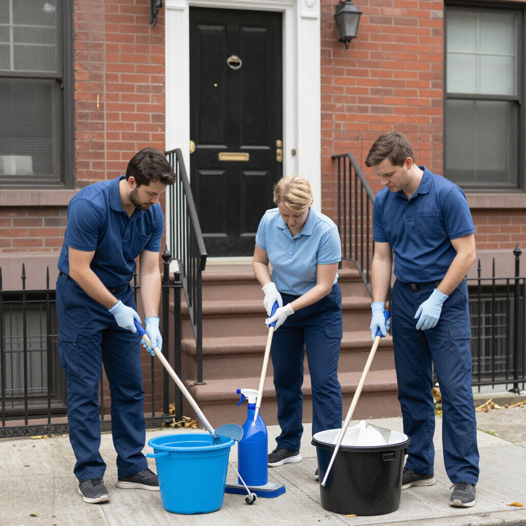 Three workers in blue shirts mopping outside a brick building with buckets and cleaning supplies.