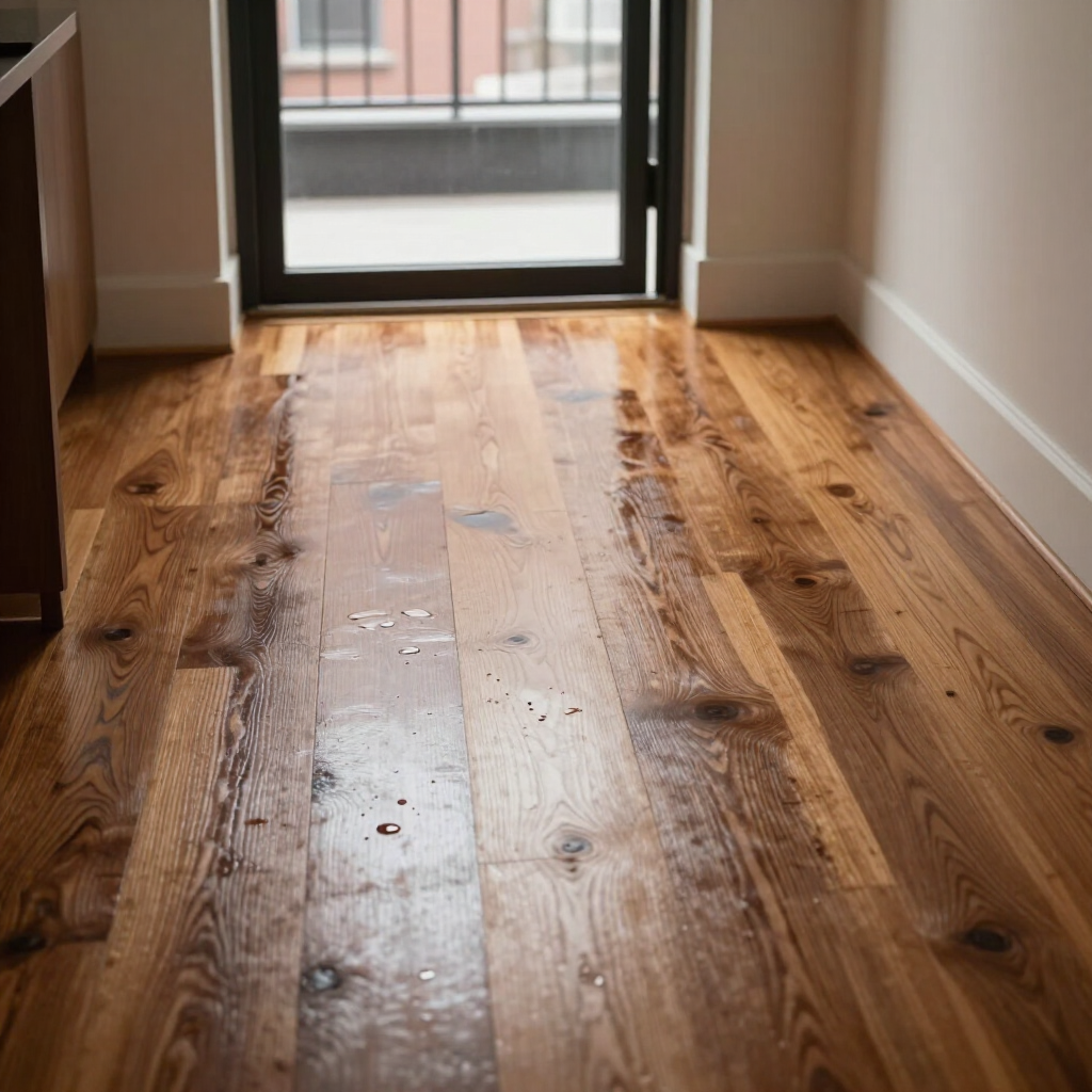 Wet wooden floor in a hallway leading to a glass door