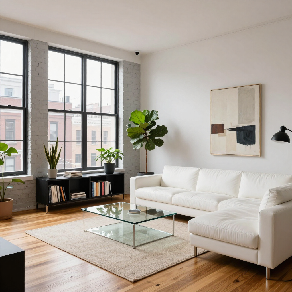 Bright modern living room with white sofa, glass coffee table, large windows, and plants