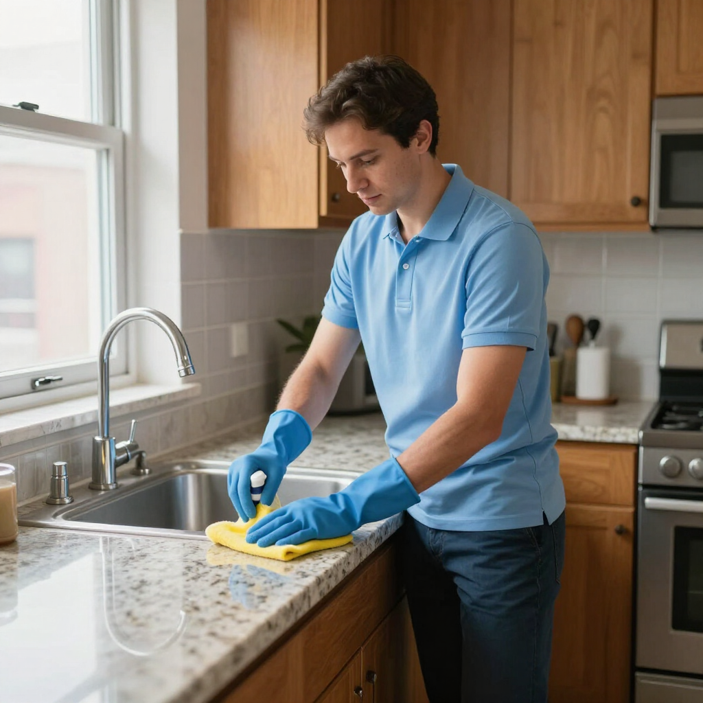 Person cleaning a granite kitchen counter with a yellow cloth and blue gloves near a sink