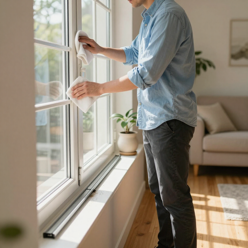 Person cleaning a sunlit window in a bright living room