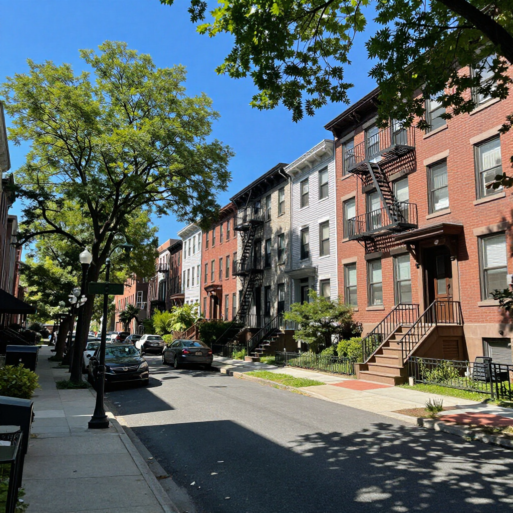 Sunny residential street with row houses, parked cars, and tree shadows along the sidewalk