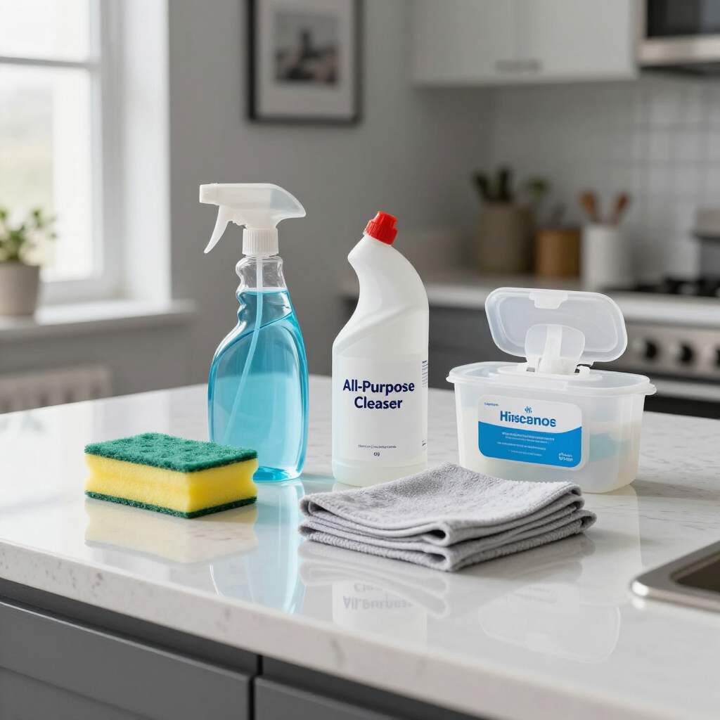 Cleaning supplies on a kitchen counter: spray bottle, cleaner, wipes, sponges, and folded cloths.