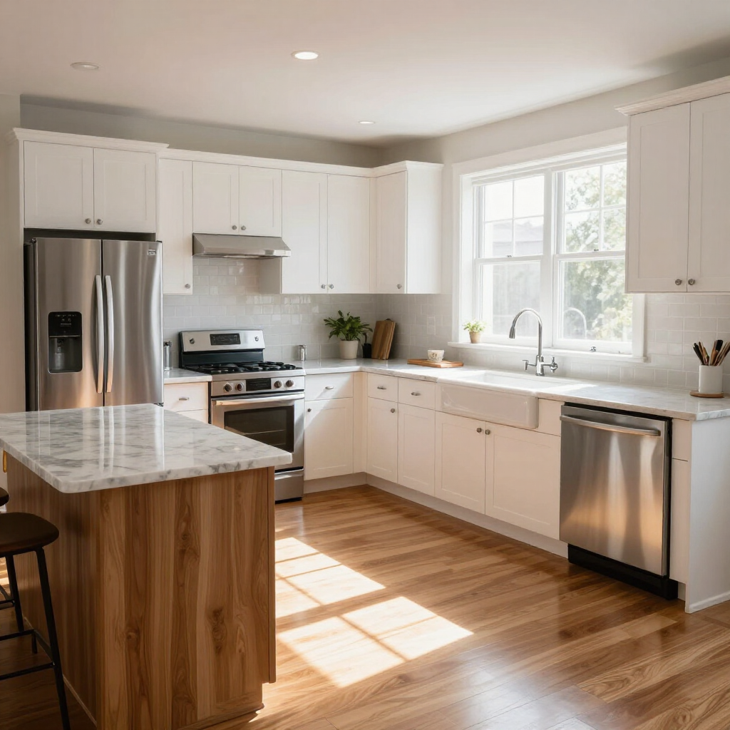Bright white kitchen with stainless steel appliances, wood island, and sunlight on hardwood floor.