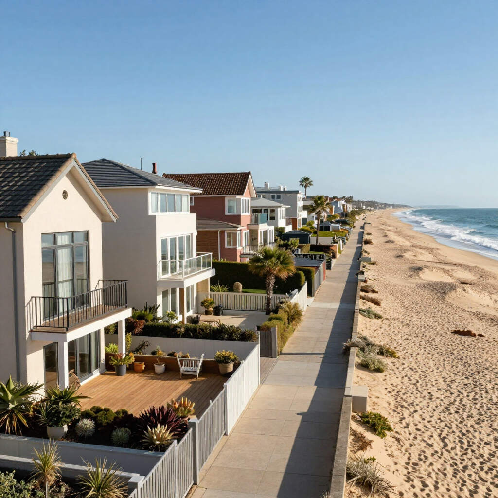 Coastal row of beach houses beside a boardwalk and sandy shoreline under a clear blue sky