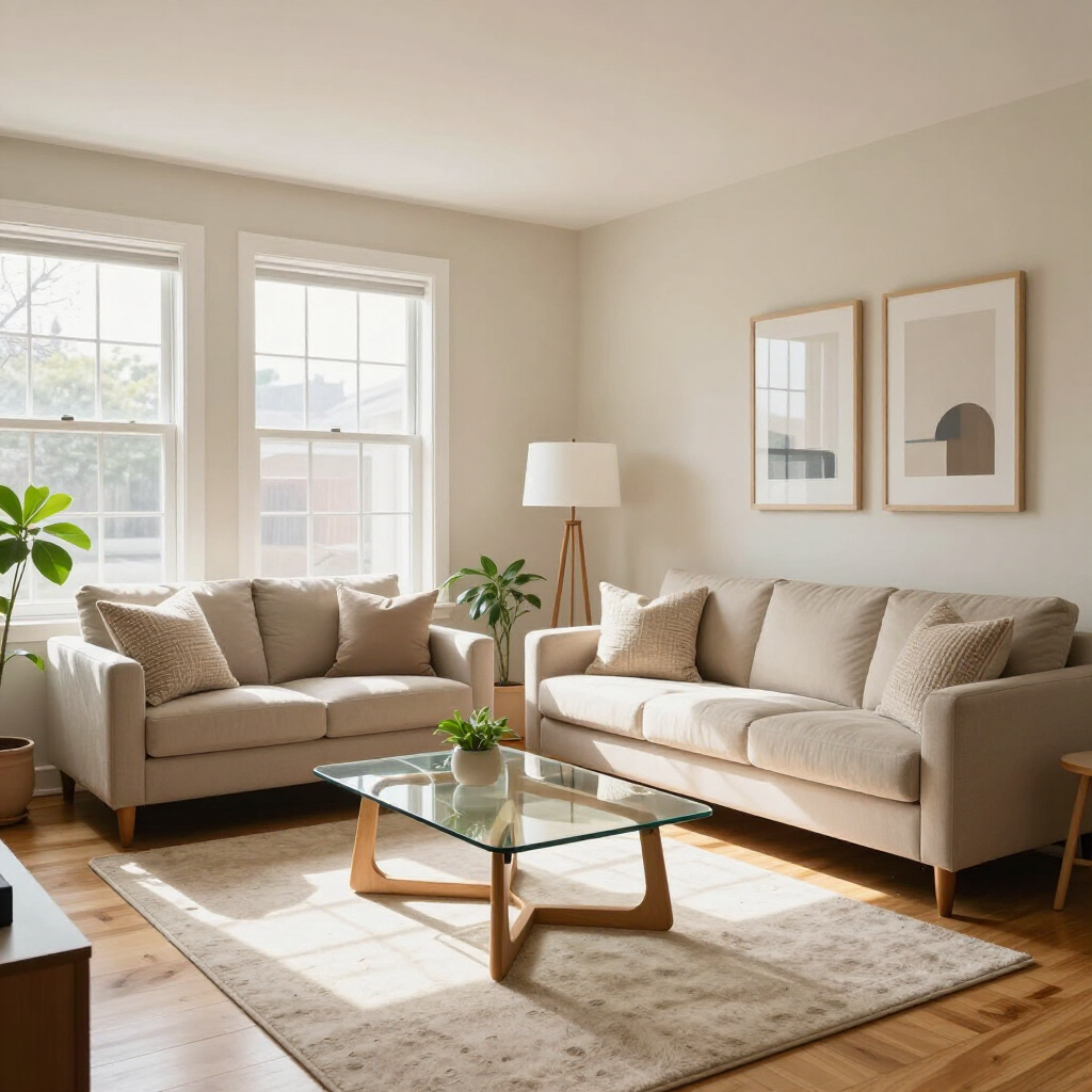 Sunlit living room with beige sofas, glass coffee table, potted plant, and framed wall art