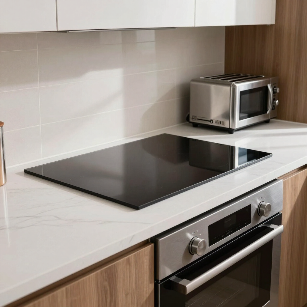 Modern kitchen countertop with black induction cooktop, stainless oven, and toaster against white backsplash
