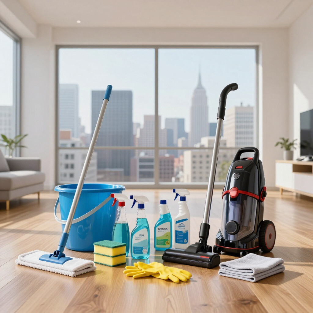 Cleaning supplies arranged in a bright living room: mop, bucket, sprays, gloves, vacuum, and cloths.