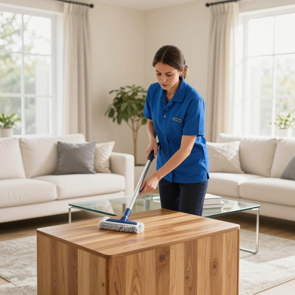 Woman mopping a wooden coffee table in a bright living room
