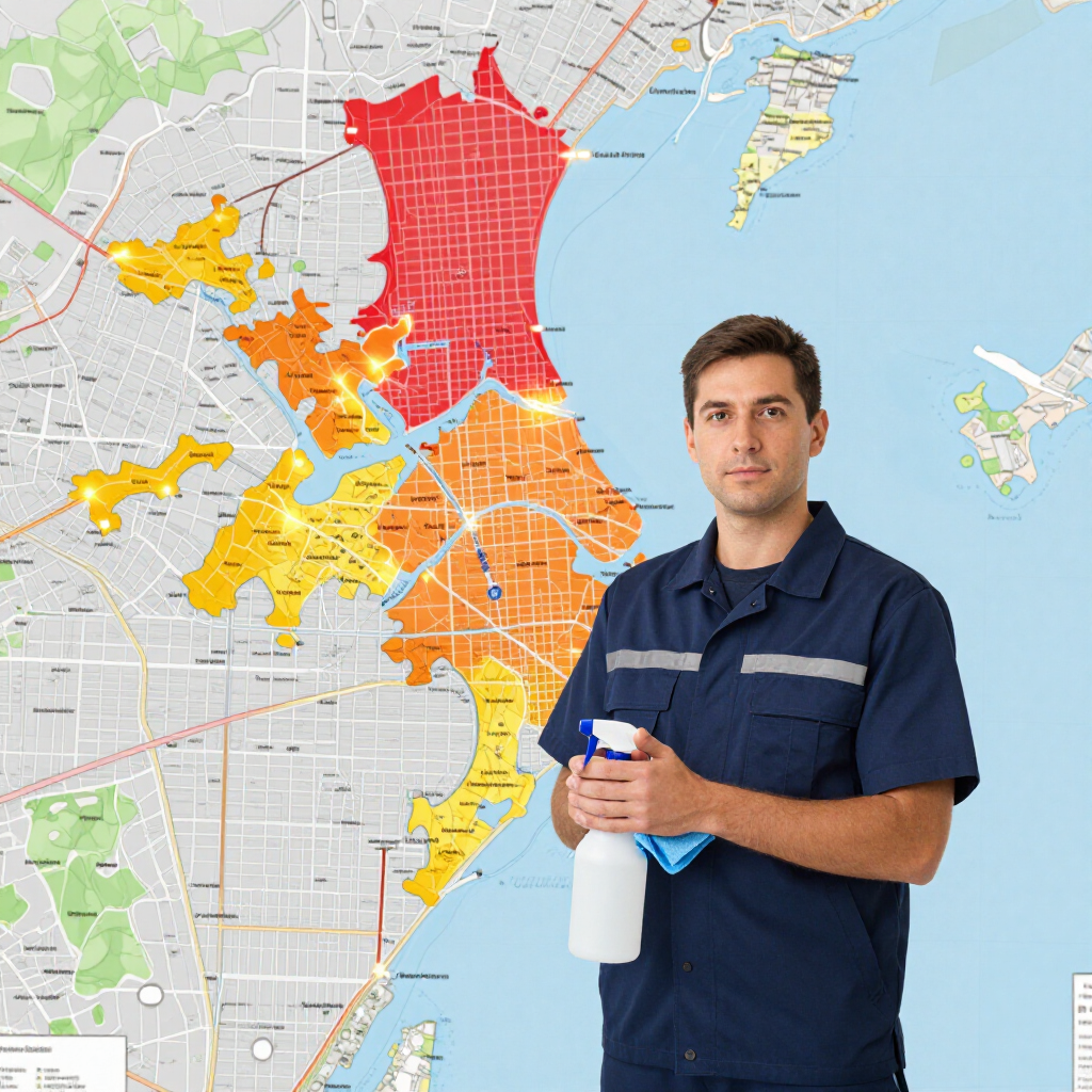 Man in blue uniform holding spray bottle and cloth before a colorful city map backdrop