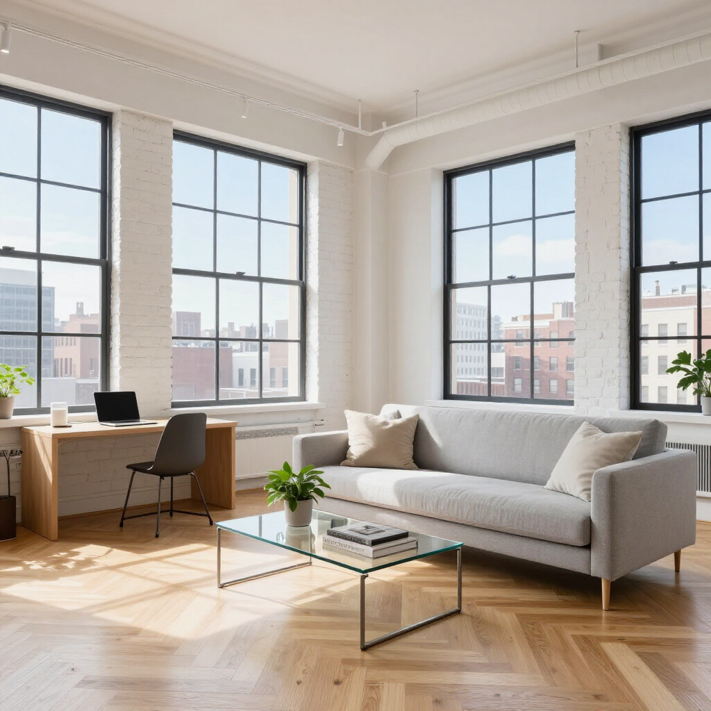 Bright sunlit living room with large windows, gray sofa, glass coffee table, and desk by the window.