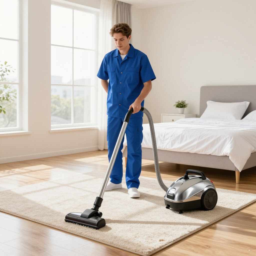 Person vacuuming a beige rug in a bright bedroom with a canister vacuum