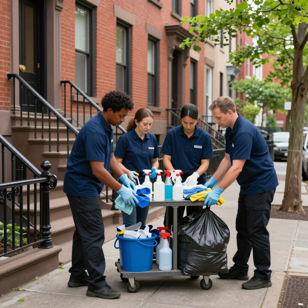 Four cleaners in navy uniforms sanitize a sidewalk with a supply cart and spray bottles beside brick buildings.