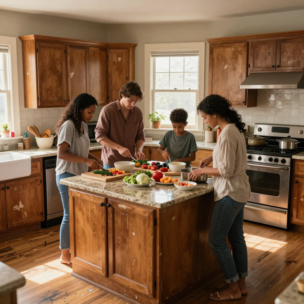 Family preparing vegetables together in a bright kitchen around a central island