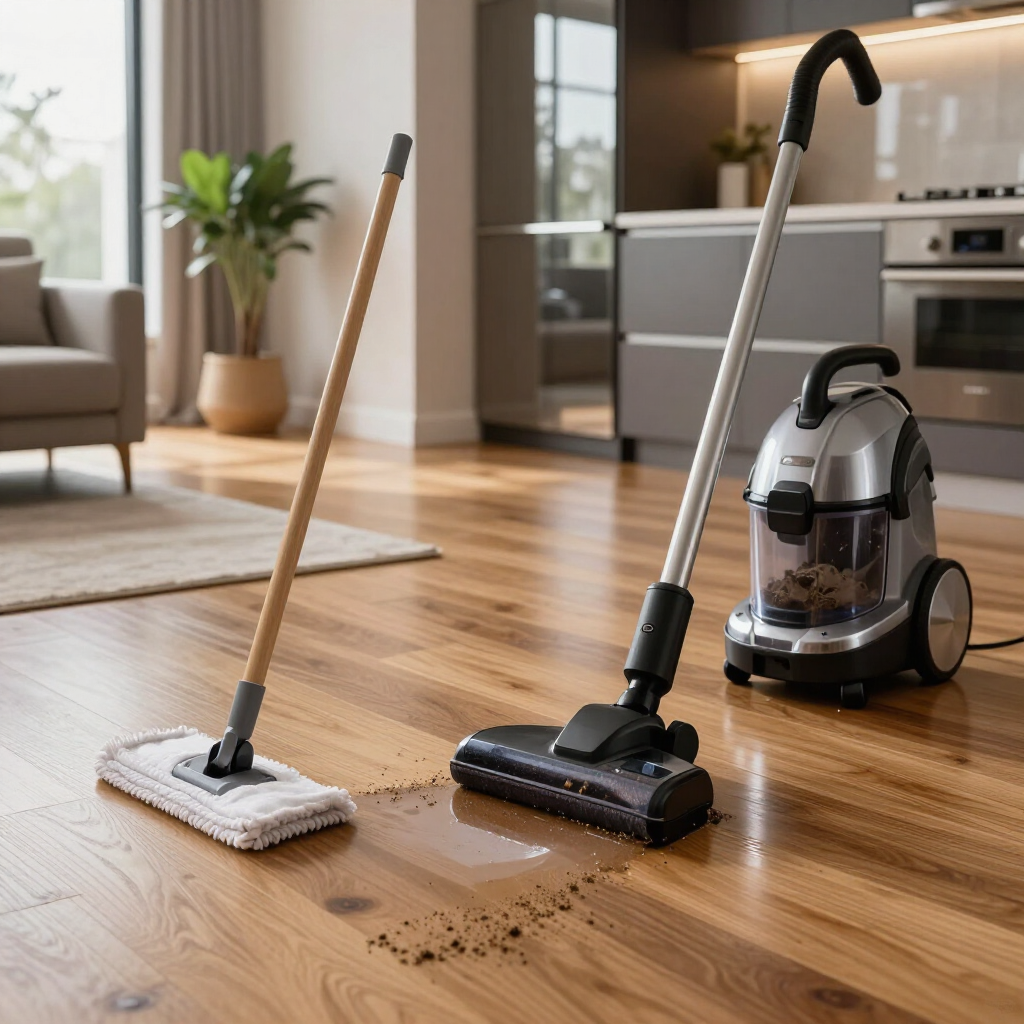 Vacuum and mop on a hardwood floor in a modern living room and kitchen area