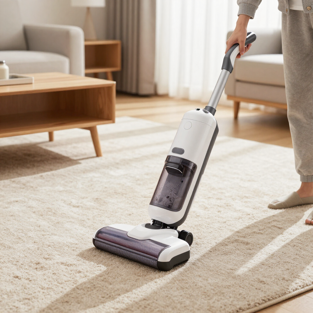 Person vacuuming a beige carpet with a white stick vacuum in a bright living room