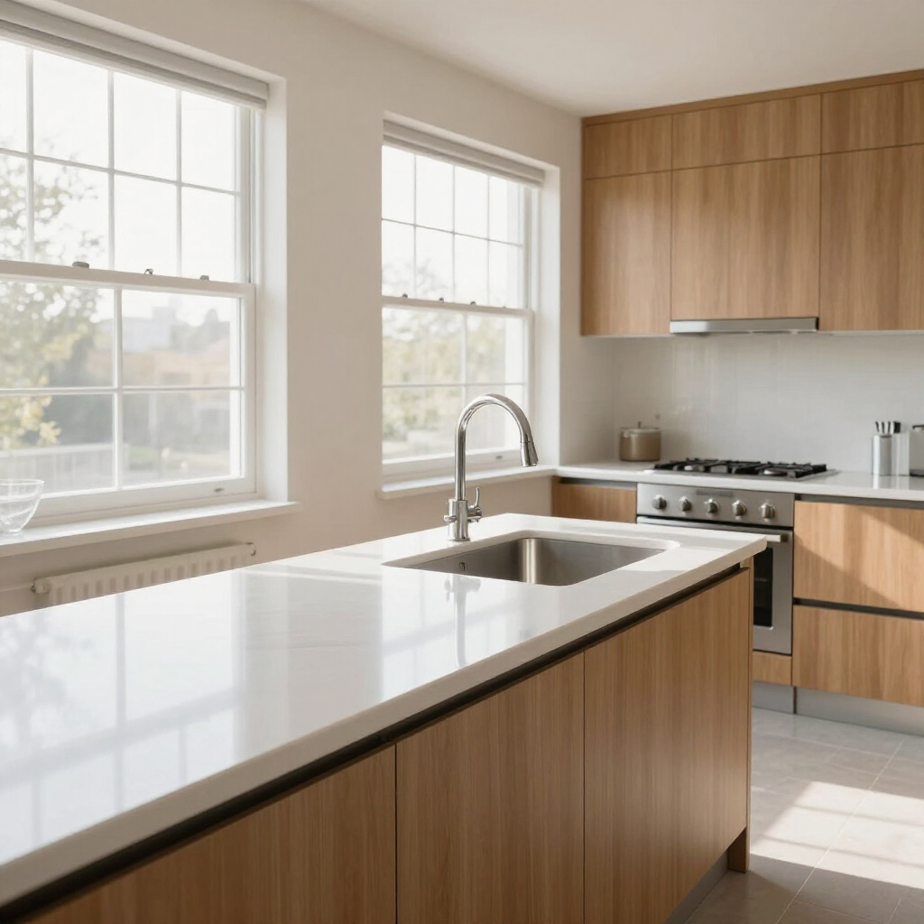 Modern bright kitchen with wood cabinets, white island countertop, and large windows