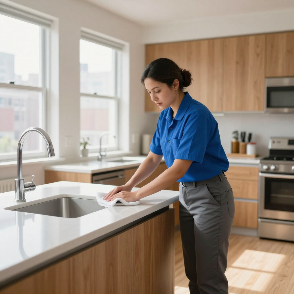 Person wiping a kitchen countertop beside a sink in a bright modern kitchen