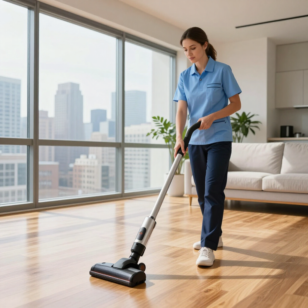 Cleaner vacuuming hardwood floor in a bright living room with city view