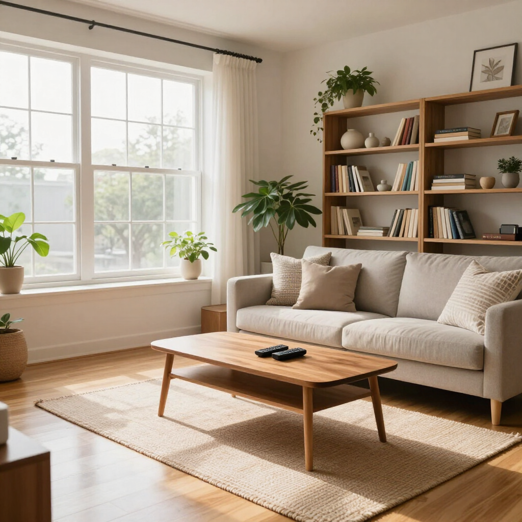 Bright living room with a beige sofa, wooden coffee table, shelves, plants, and a large sunlit window
