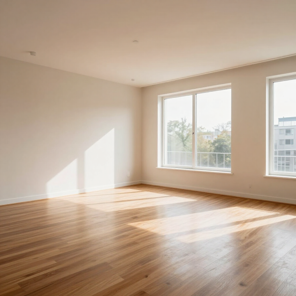 Empty sunlit room with wooden floors and large windows, bright sunlight casting shadows across the floor
