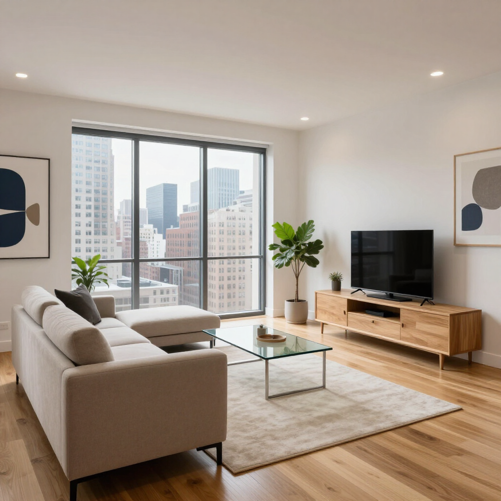 Modern living room with beige sectional, glass coffee table, TV, plants, and large city-view windows.