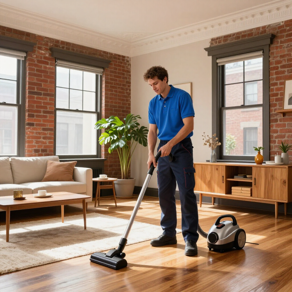 Man vacuuming a sunlit living room with a canister vacuum beside him.