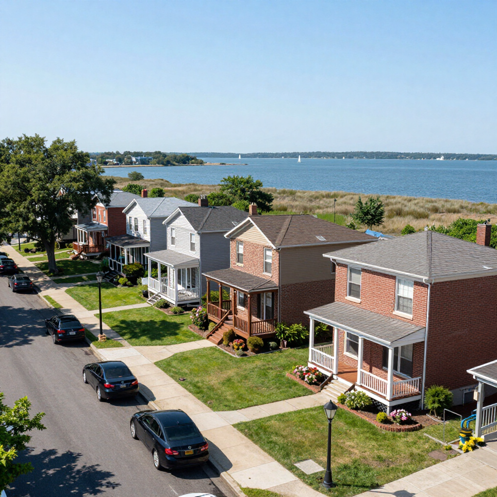 Row of houses along a tree-lined street by the waterfront on a sunny day
