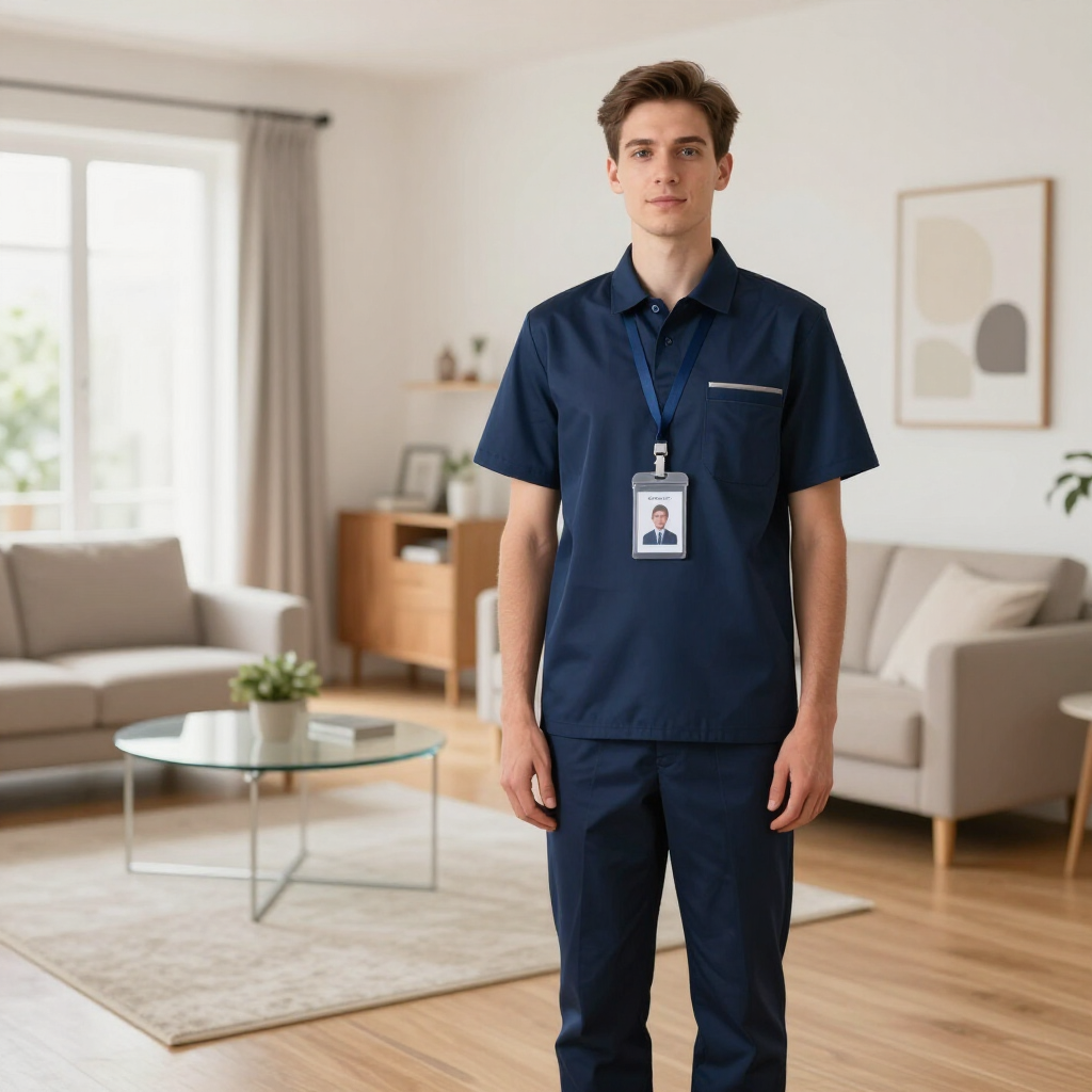 Man in navy scrubs with ID badge standing in a bright living room