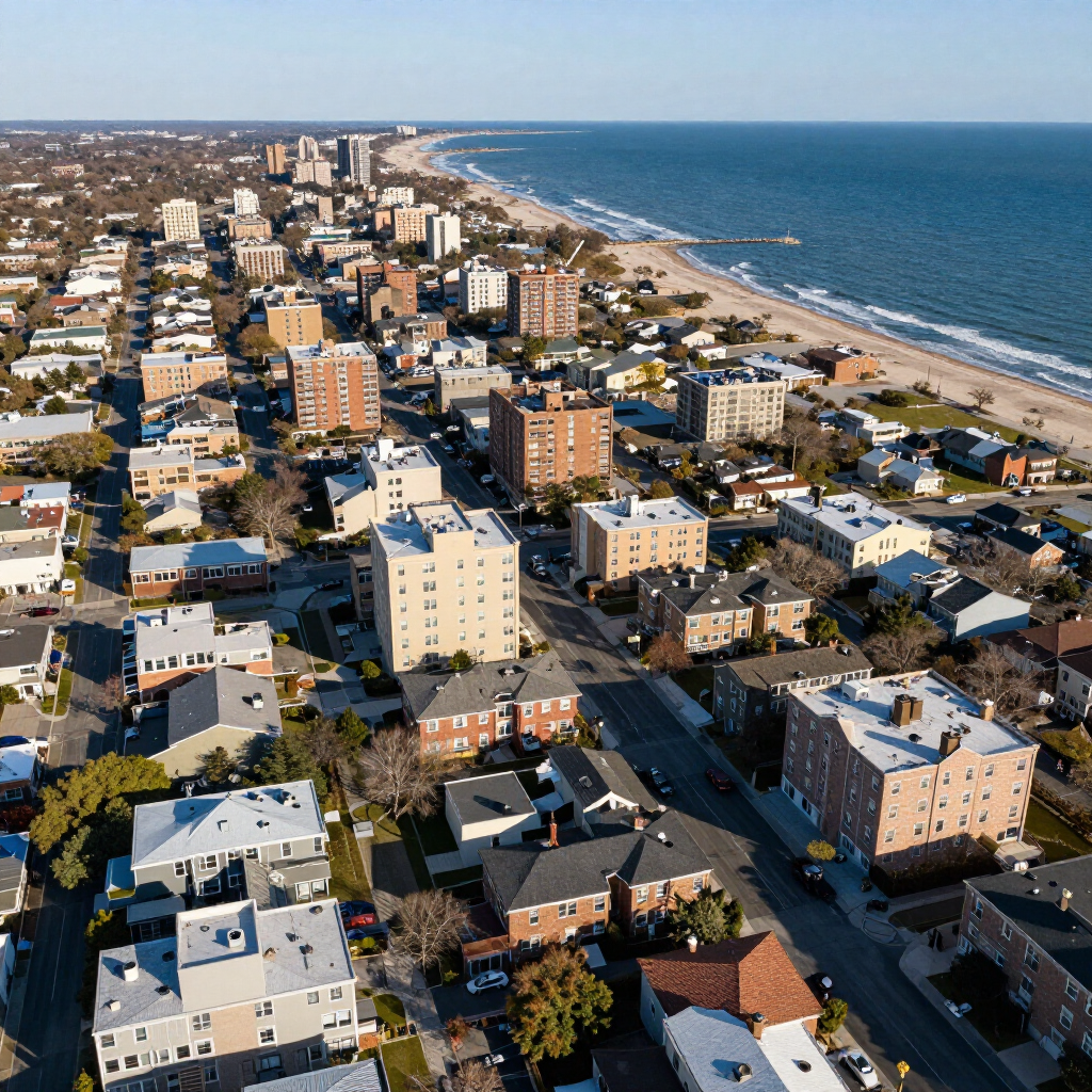 Aerial view of a coastal city with apartment buildings, streets, and a beach beside the ocean