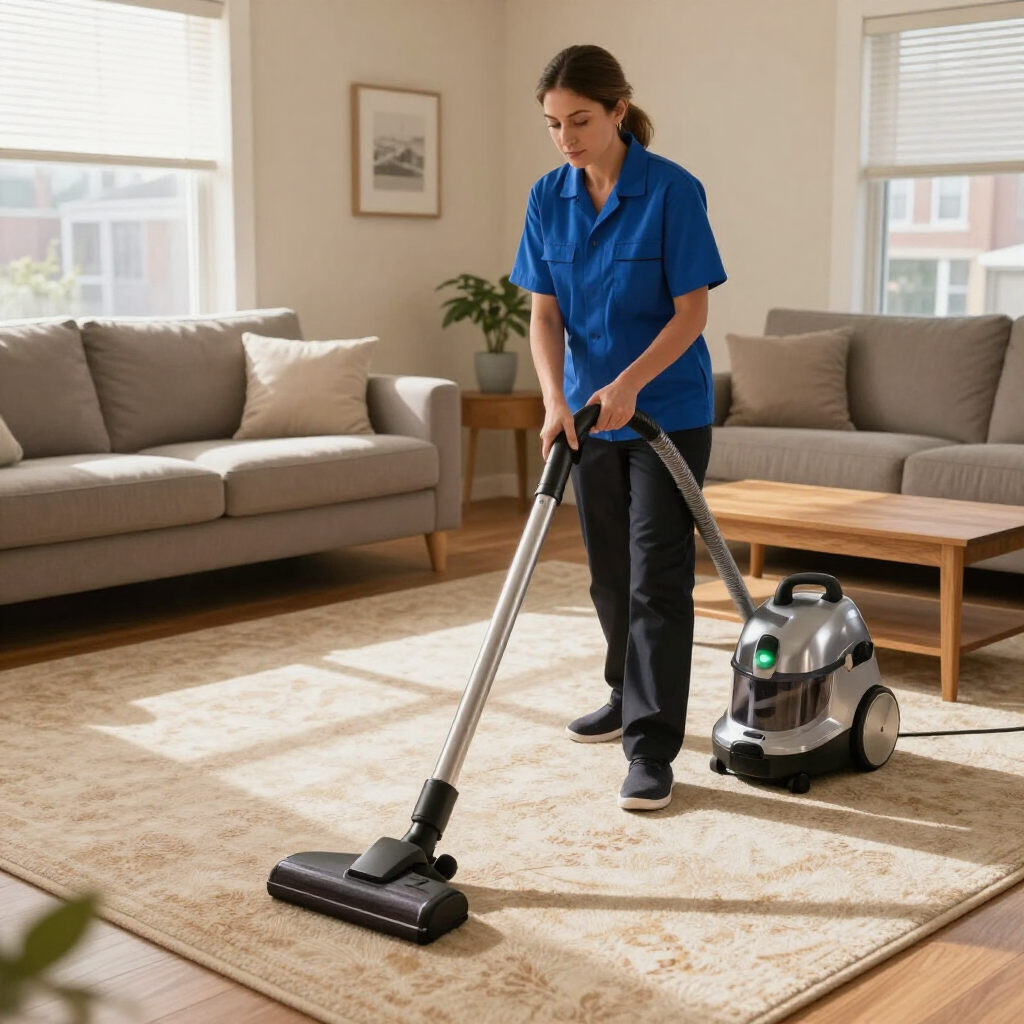 Person vacuuming a beige rug in a bright living room with a canister vacuum nearby