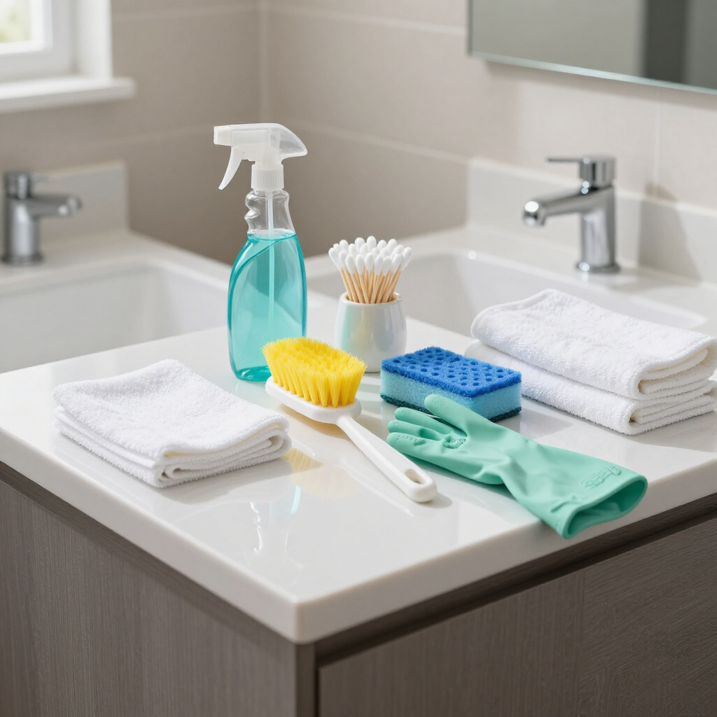 Bathroom sink with cleaning supplies: spray bottle, sponges, gloves, brushes, and folded towels