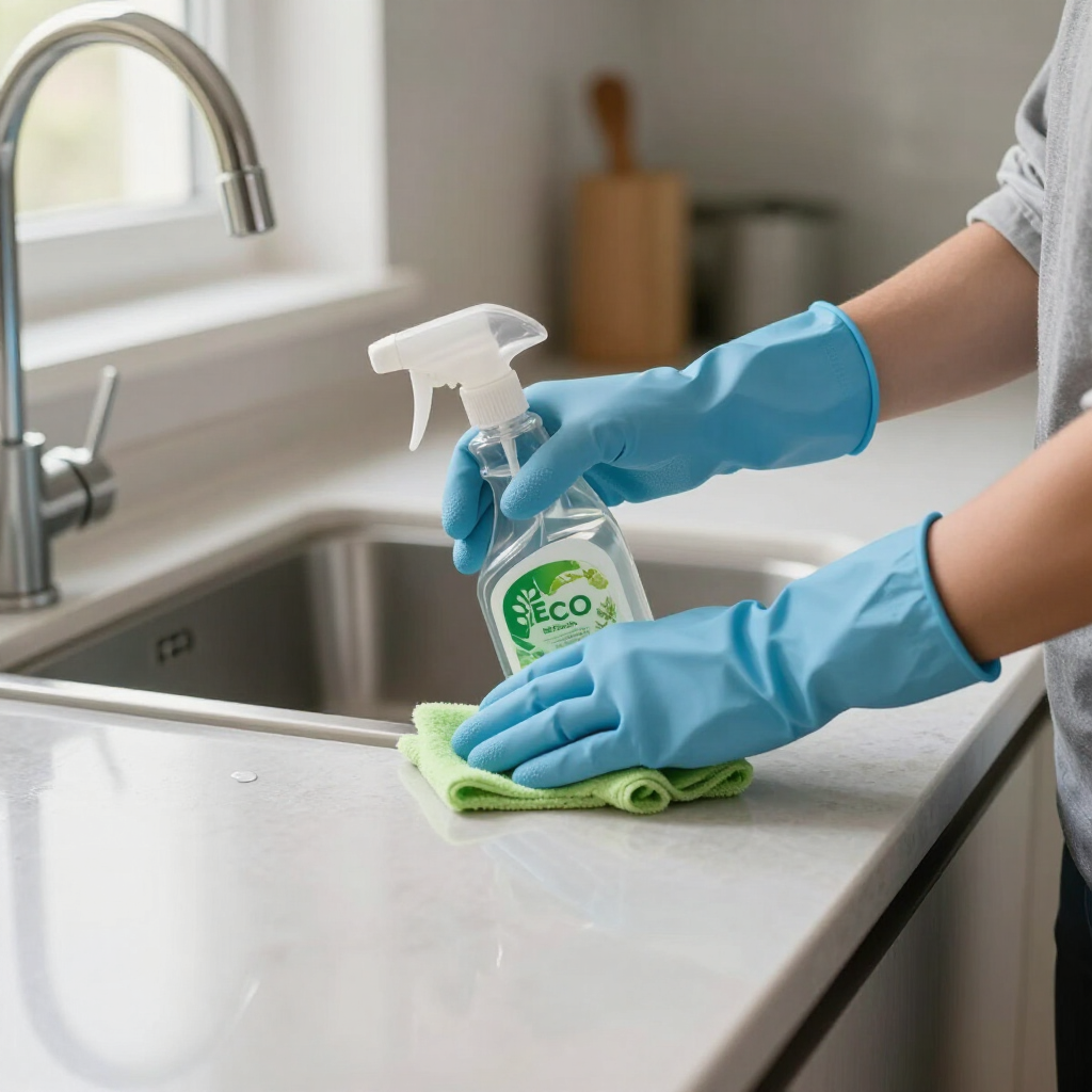 Gloved hands cleaning a kitchen counter with a spray bottle and cloth near a sink