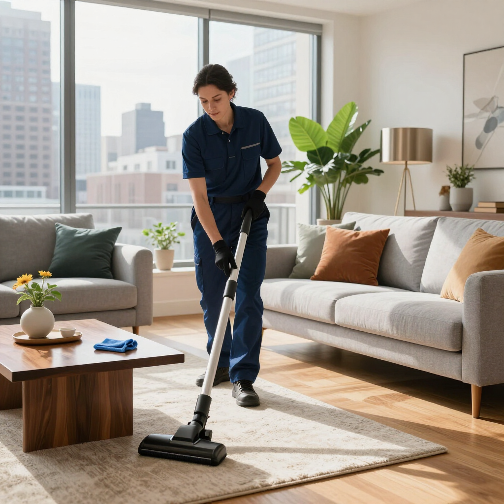 Cleaner vacuuming a rug in a bright living room with a sofa and city view.