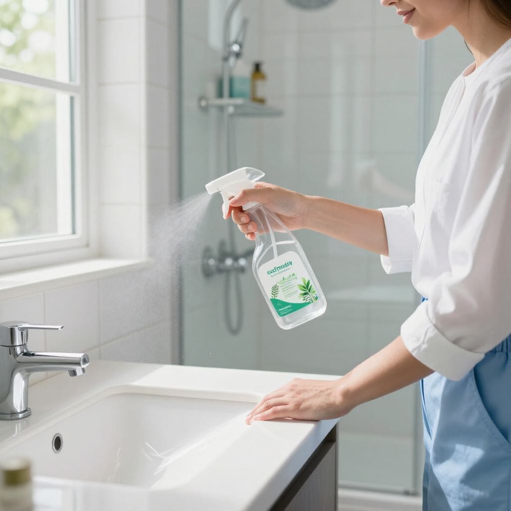 Person cleaning a bathroom sink with a spray bottle and cloth beside a window.