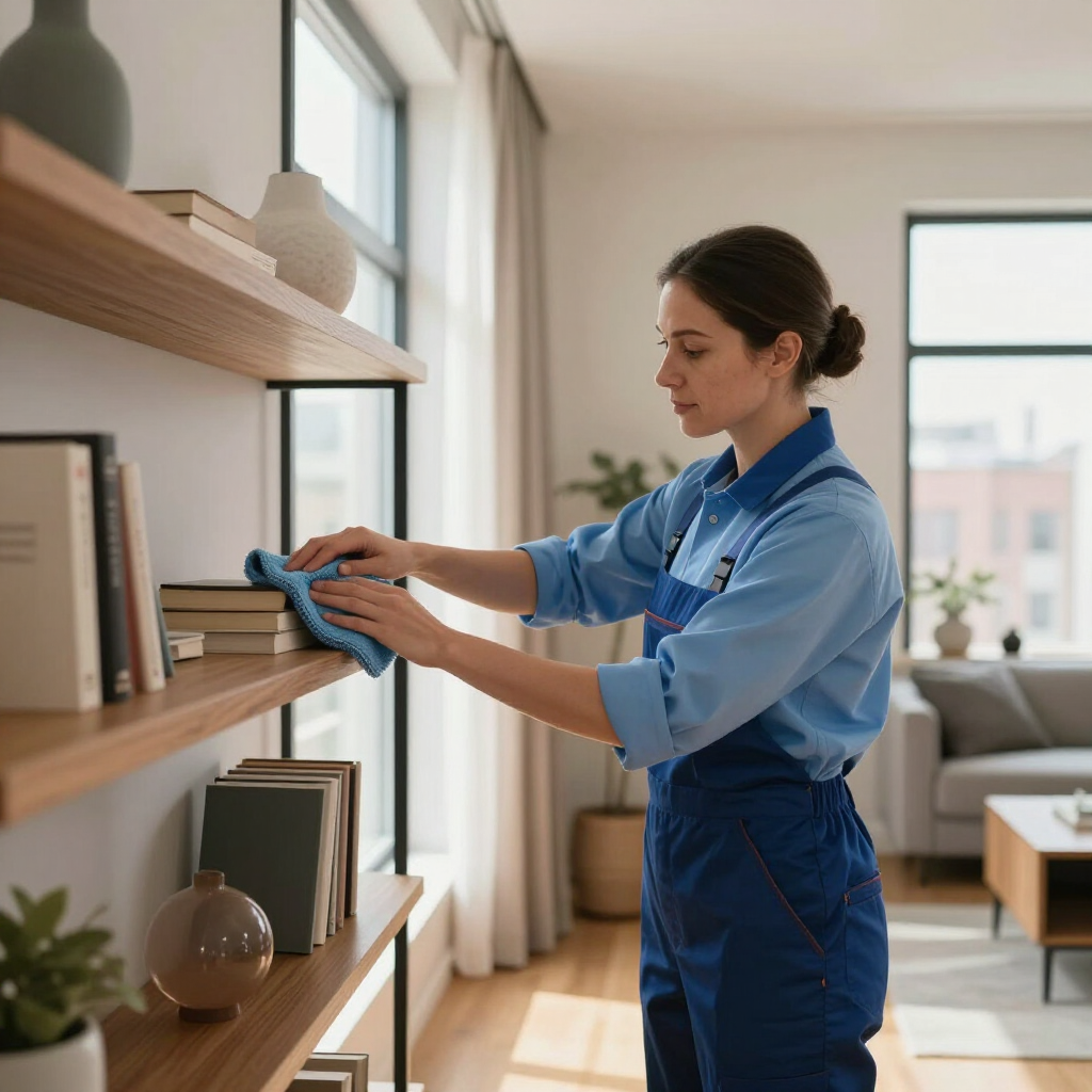 Person dusting shelves in a bright living room with blue cleaning cloths