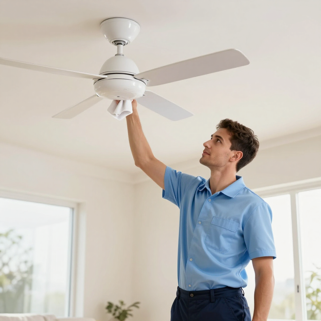 Man replacing a ceiling fan light bulb in a bright living room