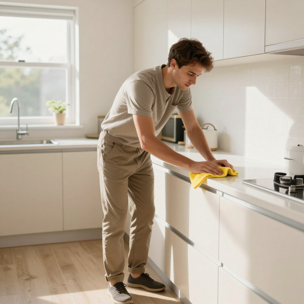 Person wiping a white kitchen counter with a yellow cloth in a bright modern kitchen