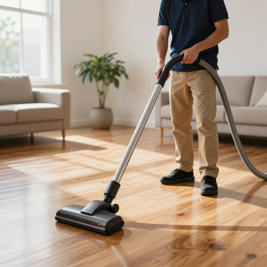 Person vacuuming a sunlit living room with a cordless vacuum on hardwood floors
