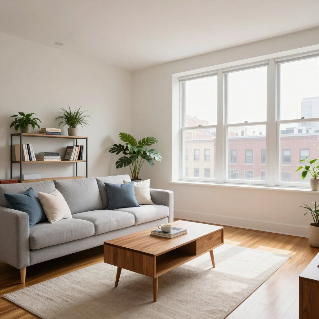 Bright living room with gray sofa, wooden coffee table, plants, and large sunlit windows.