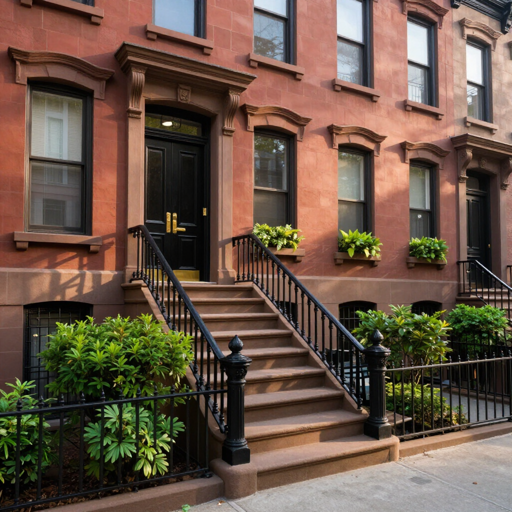 Brownstone row houses with black doors, iron railings, and front steps along a quiet street
