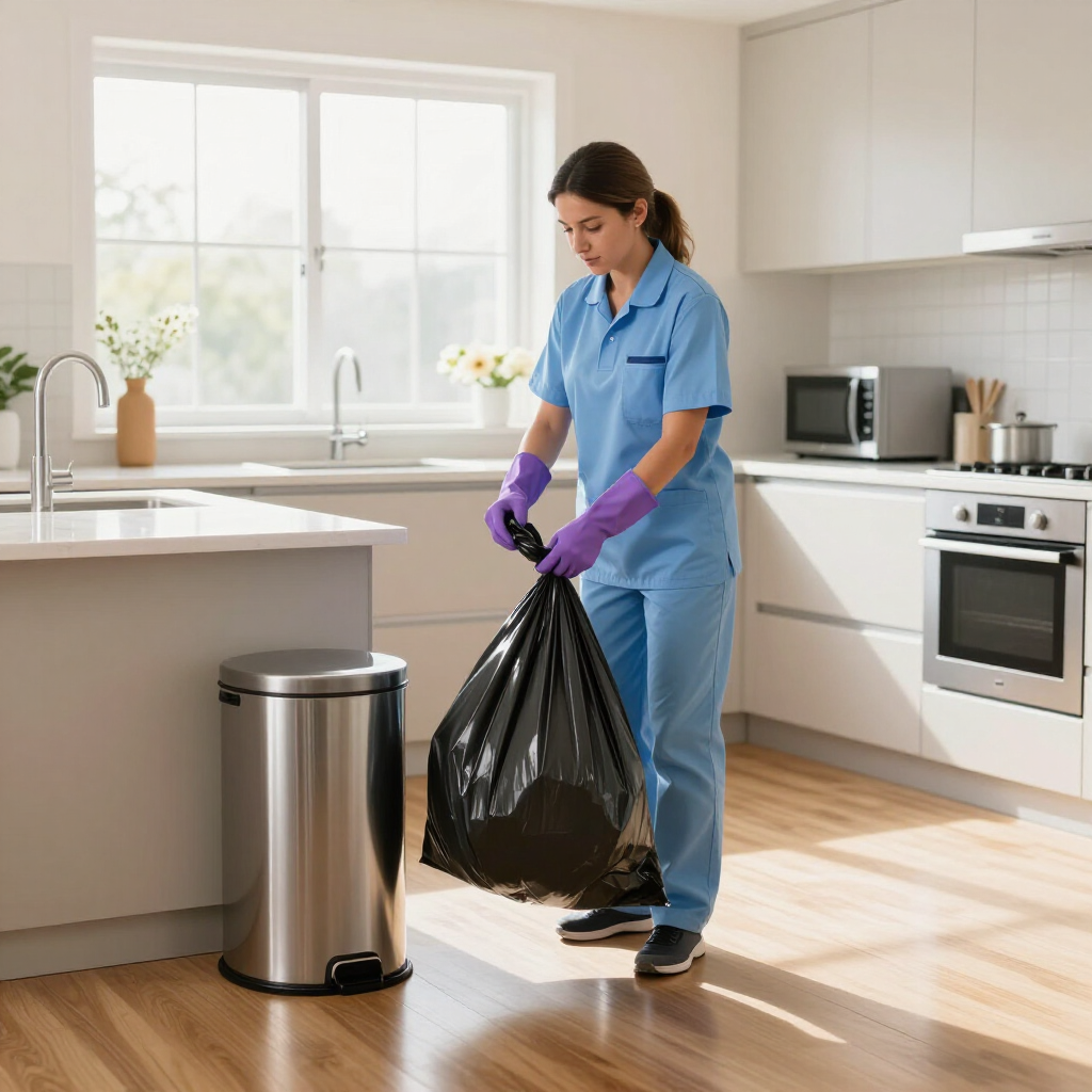 Cleaner in blue uniform and purple gloves carrying a trash bag in a bright kitchen
