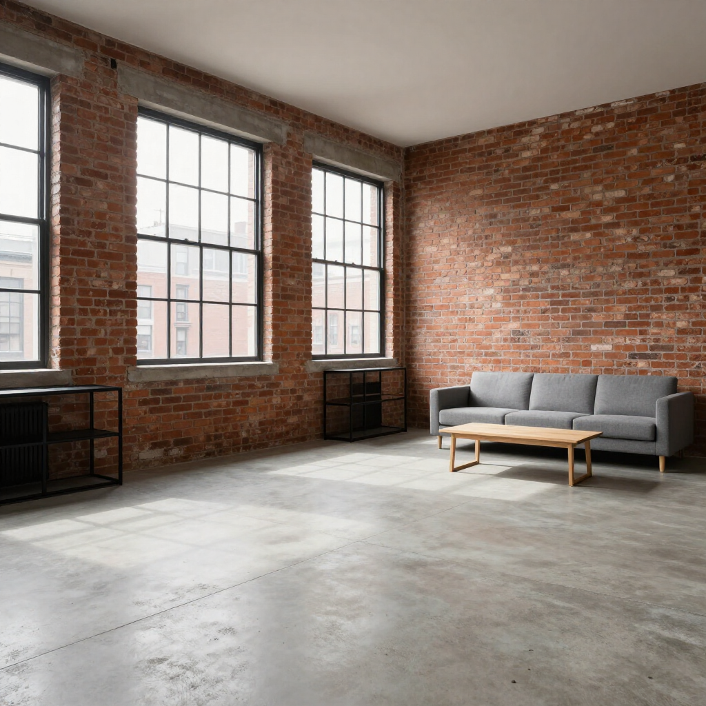 Empty loft living room with exposed brick walls, large windows, gray sofa, and wooden coffee table